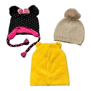 Knit Hat Trio - chic Black, Yellow, Beige pink bow Minnie & Pooh